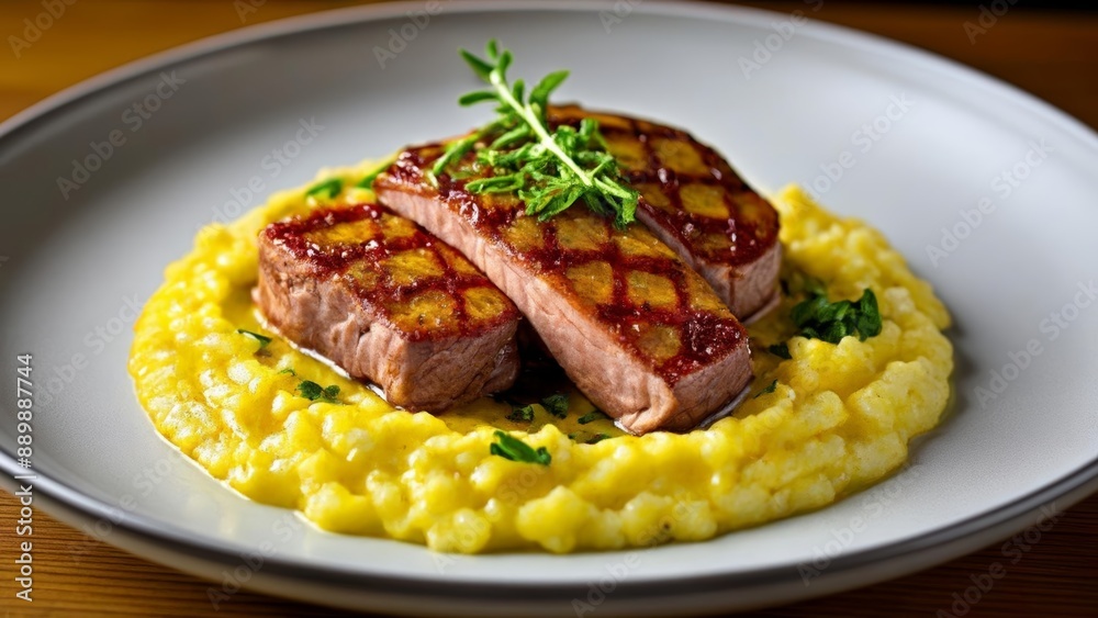 Deliciously grilled meat with creamy mashed potatoes garnished with fresh herbs Deliciously grilled meat with creamy mashed potatoes garnished with fresh herbs