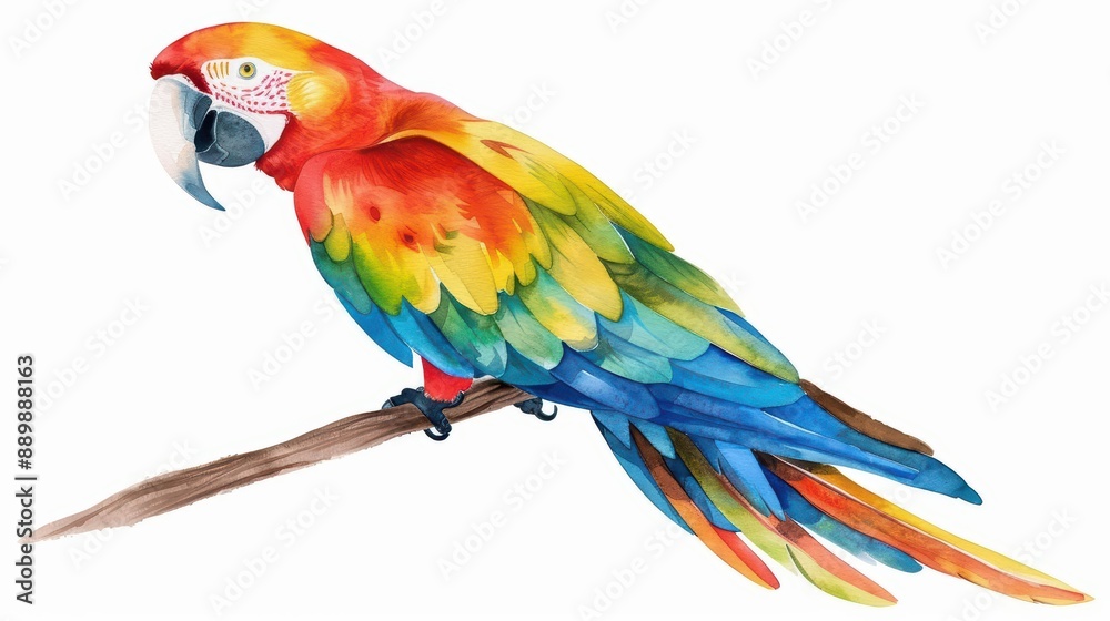 Obraz premium A charming macaw with vibrant feathers in a watercolor painting, depicted in a kawaii manner, isolated on a white background