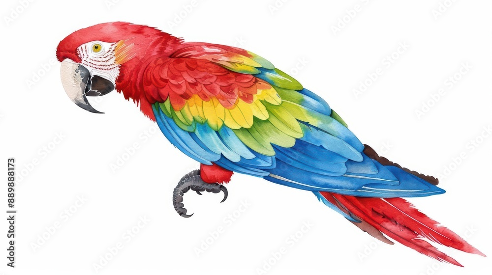 Obraz premium A charming macaw with vibrant feathers in a watercolor painting, depicted in a kawaii manner, isolated on a white background