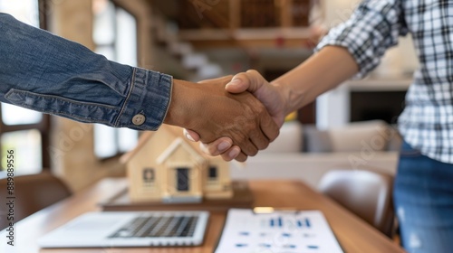 An estate agent shaking hands with a buyer after a successful deal