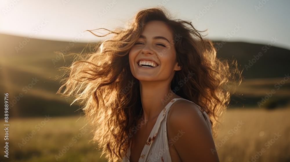 Woman with Long Brown Hair Smiling in a Field Woman with Long Brown Hair Smiling in a Field