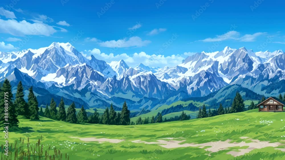 Majestic snow-capped mountains overlooking lush green valley under clear blue sky. Nature concept Majestic snow-capped mountains overlooking lush green valley under clear blue sky. Nature concept