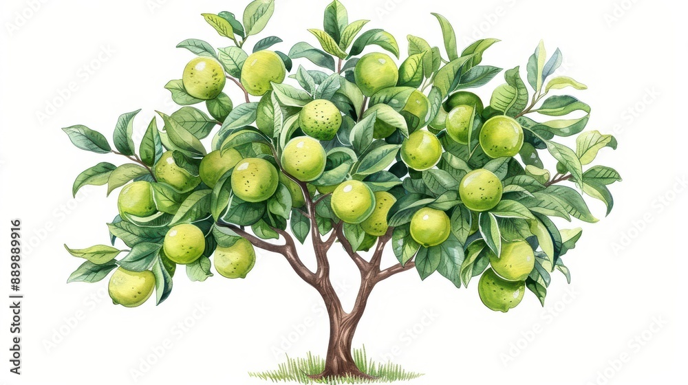 A watercolor depiction of a lime tree with vibrant green fruits, isolate on white background A watercolor depiction of a lime tree with vibrant green fruits, isolate on white background