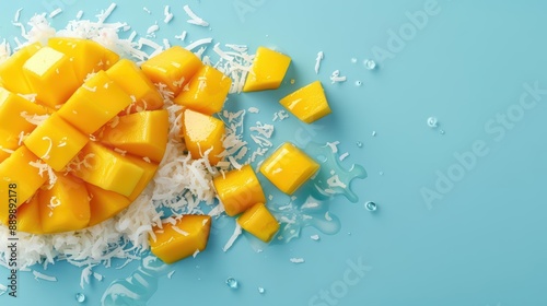 Mango sticky rice breaking apart, revealing juicy mango slices and glistening coconutinfused sticky rice in a colorful burst photo