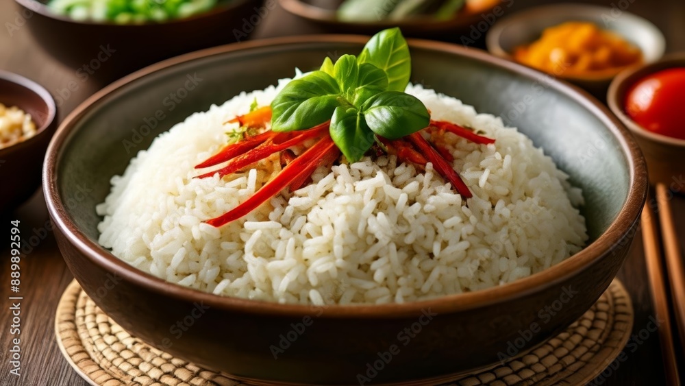 Deliciously prepared rice dish with vibrant toppings Deliciously prepared rice dish with vibrant toppings