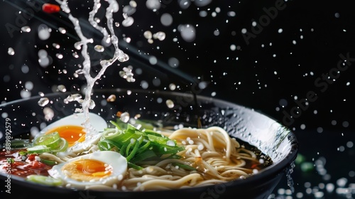 Ramen bowl shattering, with noodles, broth, and toppings like softboiled eggs and nori flying apart in a highspeed capture photo