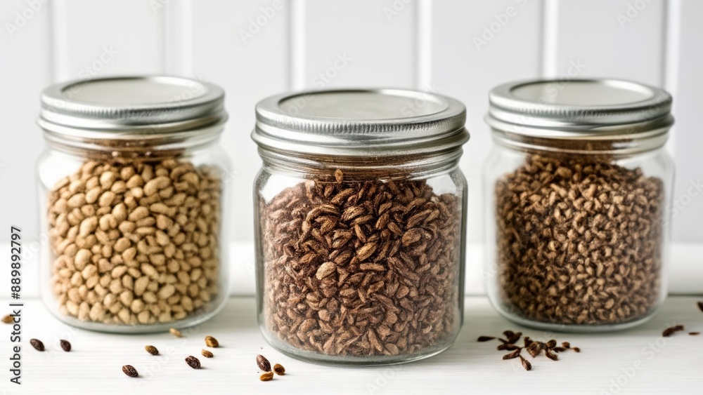 Organic grains in mason jars ready for baking or cooking Organic grains in mason jars ready for baking or cooking