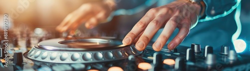 DJ spinning tracks at a lively corporate reception with vibrant lighting, Entertainment, Reception © PPstock