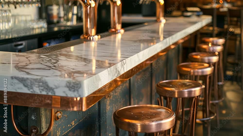 A long marble topped counter with copper bar stools for enjoying beer tastings.