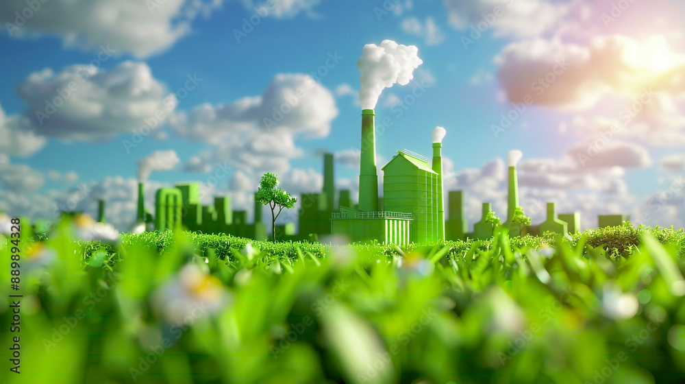 3D rendering of a green factory icon on a fresh spring meadow under a bright blue sky symbolizing the eco-friendly industry concept vibrant colors
