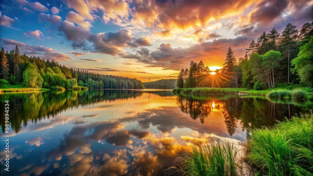 Fototapeta premium Beautiful sunset over a tranquil lake surrounded by lush green forest , sunset, lake, tranquil, serene, nature, landscape, reflection
