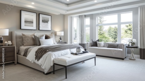 Spacious contemporary style bedroom with white carpet and light grey walls  © Anayat