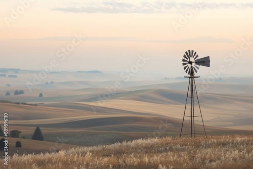 A distant windmill standing on a hill, with a softly blurred background of rolling countryside and sky. 