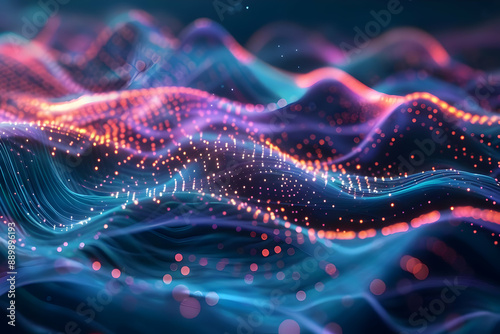 Abstract 3D Background with Wavy Lines and Bokeh Lights