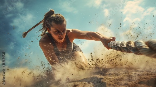 Tough sports woman exercising with battling rope. 