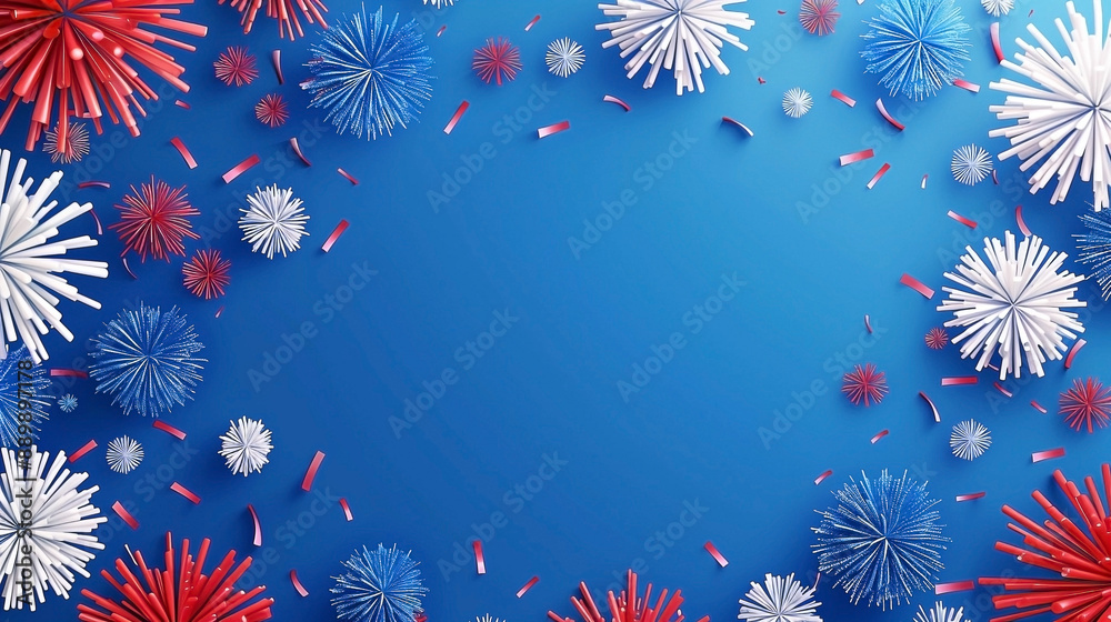 3D Fireworks Display with Red and White Stripes on Blue Background 3D Fireworks Display with Red and White Stripes on Blue Background