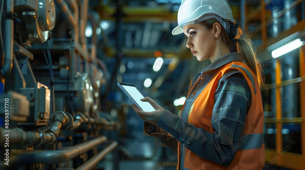 Hyper-realistic depiction of a woman maintenance engineer examining a relay protection system holding a digital tablet with blank screen detailed machinery Hyper-realistic depiction of a woman maintenance engineer examining a relay protection system holding a digital tablet with blank screen detailed machinery