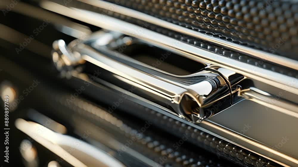 The latch of the glove compartment is shown in detail with its shiny metallic finish and intricate locking mechanism. The latch of the glove compartment is shown in detail with its shiny metallic finish and intricate locking mechanism.