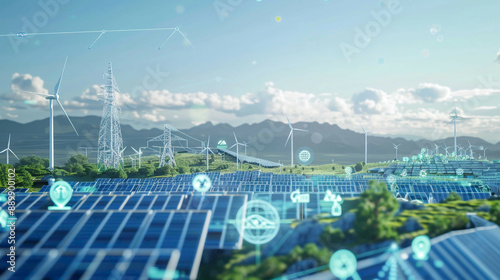 Photorealistic depiction of SDGs with environmental technology featuring solar panels and wind turbines clean energy icons clear skies detailed and realistic