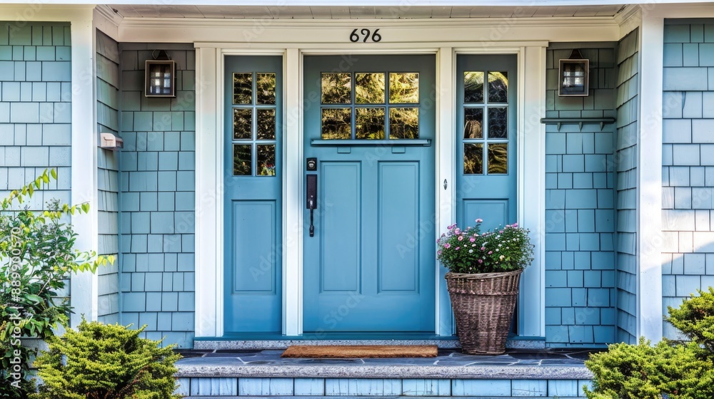Naklejka premium A front entrance of a home with a blue door