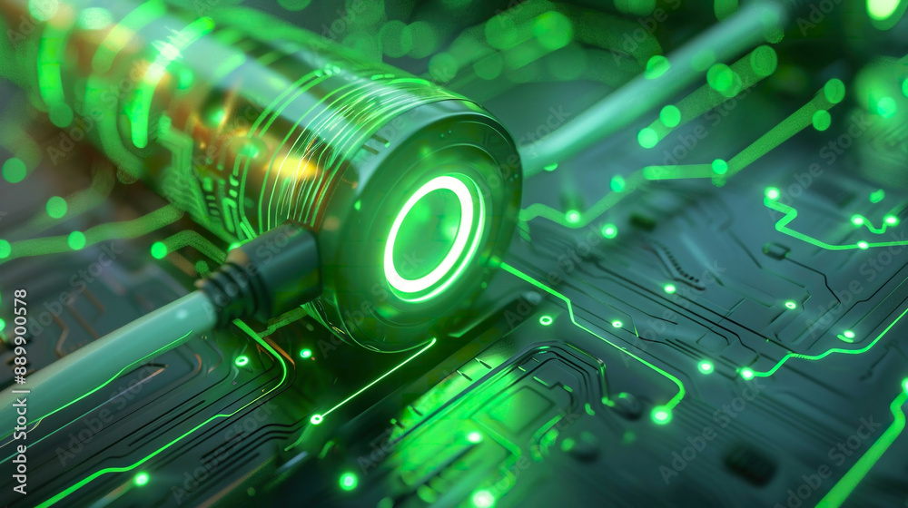 Photorealistic image of a high-power battery with a connected charging cable symbolizing clean electric energy for cars and mobile devices green renewable energy futuristic design Photorealistic image of a high-power battery with a connected charging cable symbolizing clean electric energy for cars and mobile devices green renewable energy futuristic design