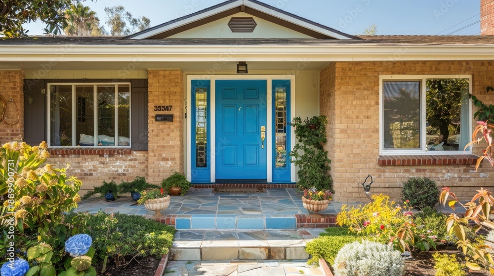 Obraz premium A front entrance of a home with a blue door