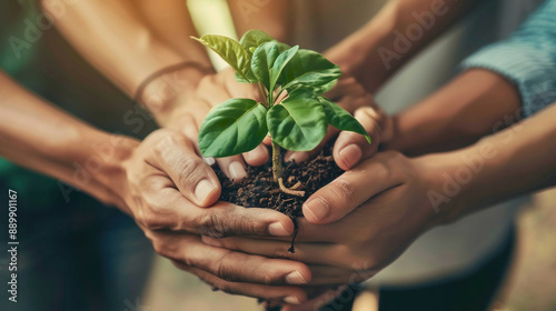 Photorealistic image of multiple hands stacked together holding a green plant symbolizing sustainable collaboration in a green ecology business company natural lightingc