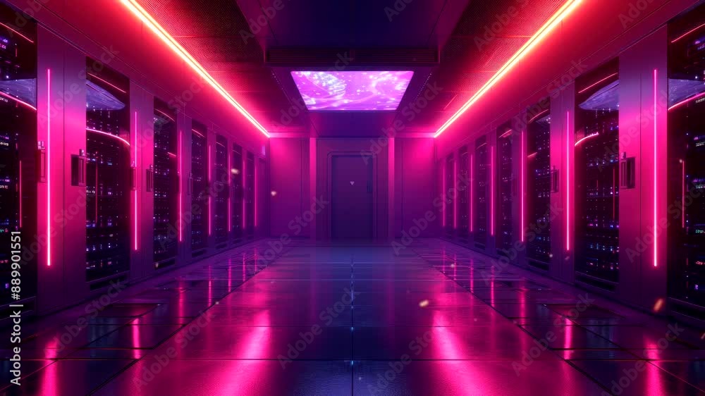 Futuristic server room with neon pink and blue lights reflecting on polished floor. Technology concept Futuristic server room with neon pink and blue lights reflecting on polished floor. Technology concept