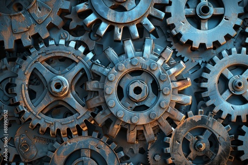 A set of interlocking gears of various sizes, turning together in a synchronized manner, symbolizing teamwork and cooperation. 