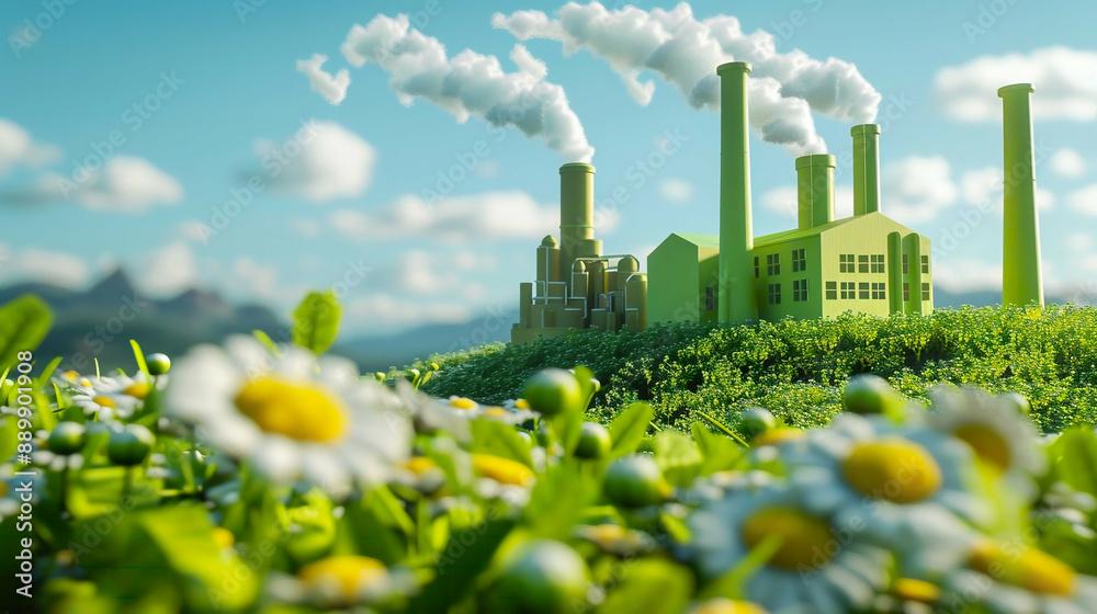 Obraz premium Ultra-detailed 3D rendering of a green factory icon placed on a fresh spring meadow background photorealistic natural light highlighting eco-friendly industry