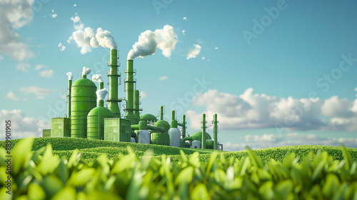 Ultra-detailed 3D rendering of a green factory icon placed on a fresh spring meadow background photorealistic natural light highlighting eco-friendly industry