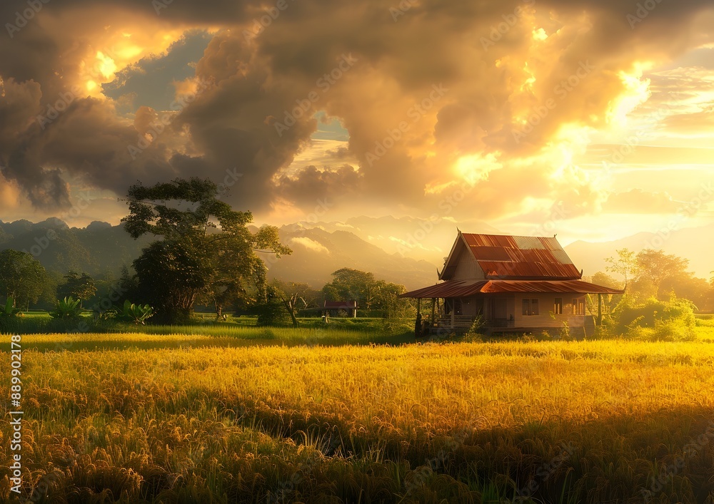 Serene Thai Countryside with Traditional House,Lush Rice Paddies,and Dramatic Sunset Skies Serene Thai Countryside with Traditional House,Lush Rice Paddies,and Dramatic Sunset Skies