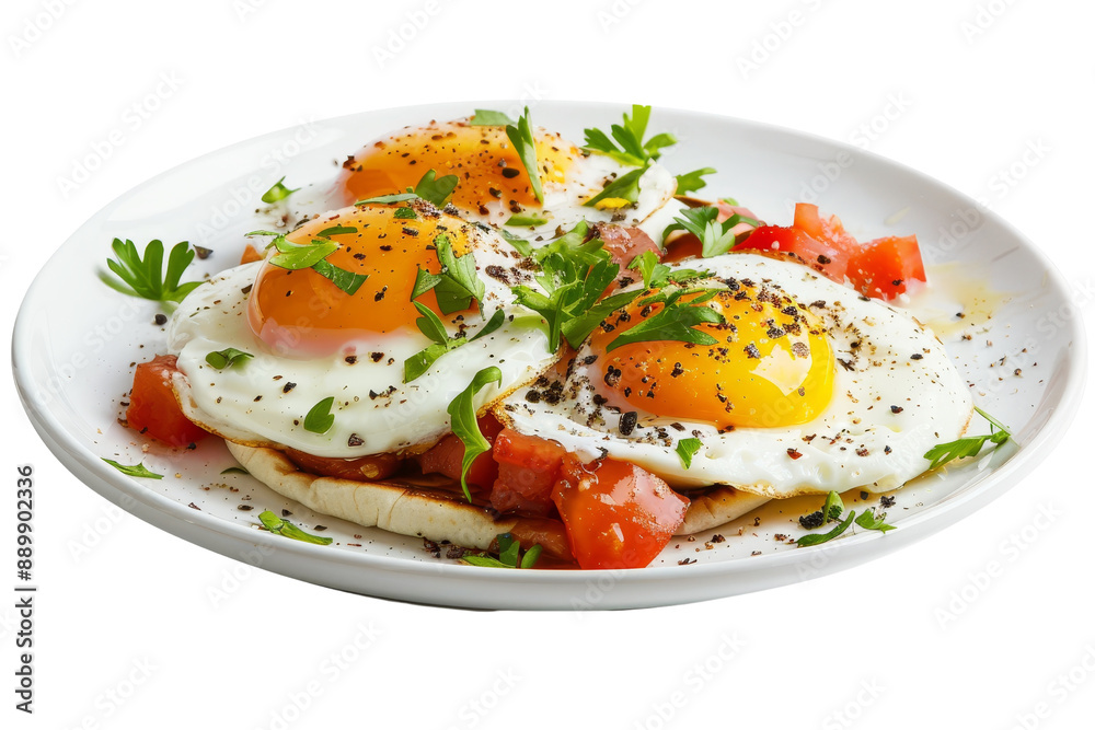 Sunny Side Up Eggs with Tomatoes and Parsley on a White Plate Sunny Side Up Eggs with Tomatoes and Parsley on a White Plate