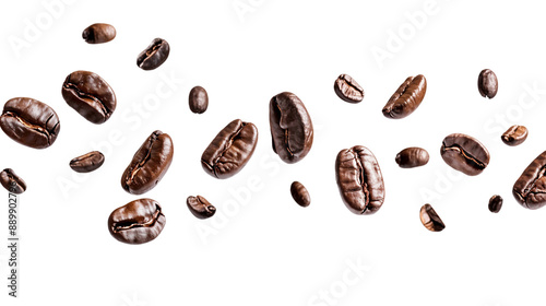 Flying roasted coffee beans isolated on transparent background