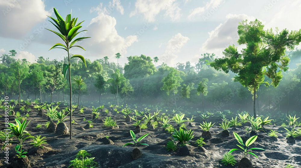 Obraz premium Ultra-detailed scene of a reforestation project in a deforested area showcasing native tree planting and biodiversity conservation efforts vibrant and lush landscape