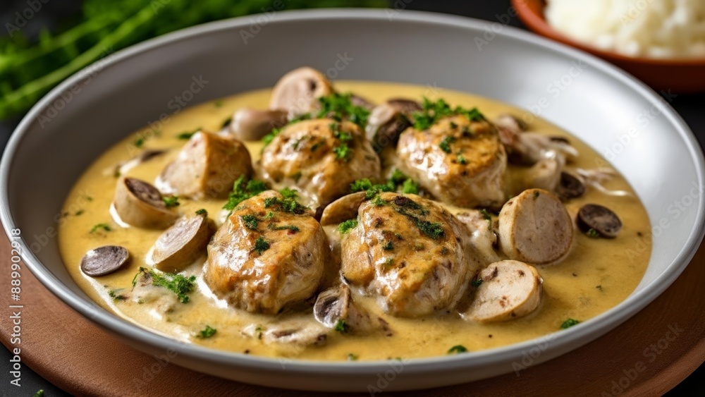 Delicious seafood dish with creamy sauce and garnish Delicious seafood dish with creamy sauce and garnish