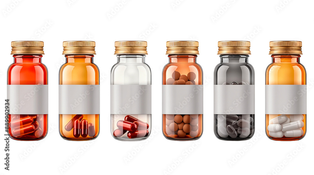 Medicine bottles with pills and capsule, isolated on transparent background