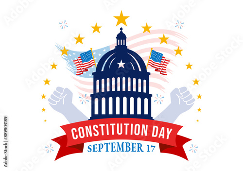 Happy Constitution Day United States Vector Illustration Vector Illustration on September 17th with an American Waving Flag and the Capitol Building
