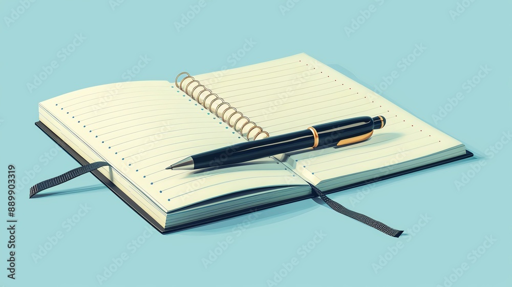Open spiral notebook with a black pen on a light blue background, ideal for writing, planning, or note-taking use. Open spiral notebook with a black pen on a light blue background, ideal for writing, planning, or note-taking use.