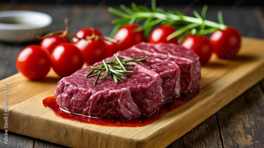 Deliciously prepared steak tomatoes and herbs on a wooden board Deliciously prepared steak tomatoes and herbs on a wooden board