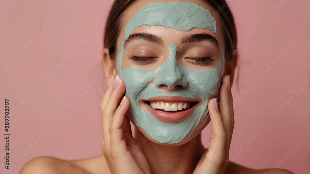 Close up portrait of lovely happy young woman applies facial mask on complexion, stands naked against pink background. Close up portrait of lovely happy young woman applies facial mask on complexion, stands naked against pink background.