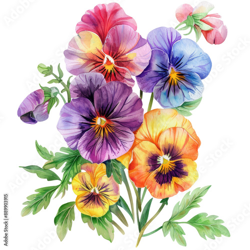 pansies flower watercolor illustration cutout png isolated on white or transparent background
