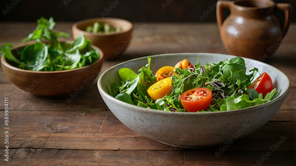 bowl of salad with vegetables and greens on wooden table. bowl of salad with vegetables and greens on wooden table.