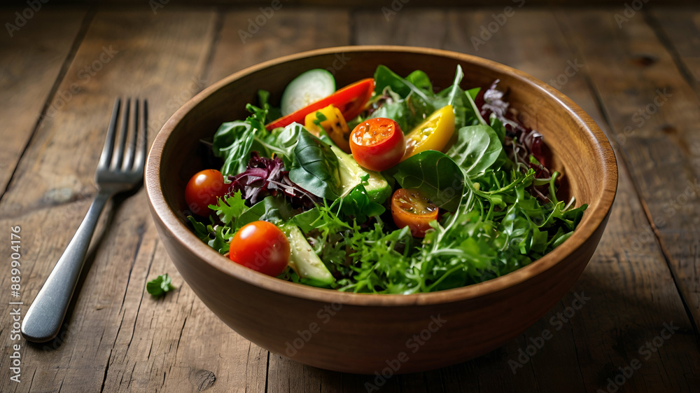 bowl of salad with vegetables and greens on wooden table. bowl of salad with vegetables and greens on wooden table.