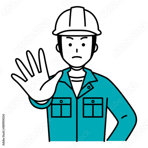 右手を前に出して拒否する作業員の男性