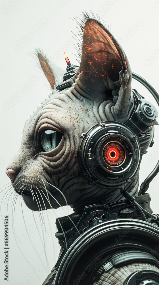 A futuristic cyborg cat with advanced technology and mechanical enhancements, showcasing a blend of organic and synthetic elements.