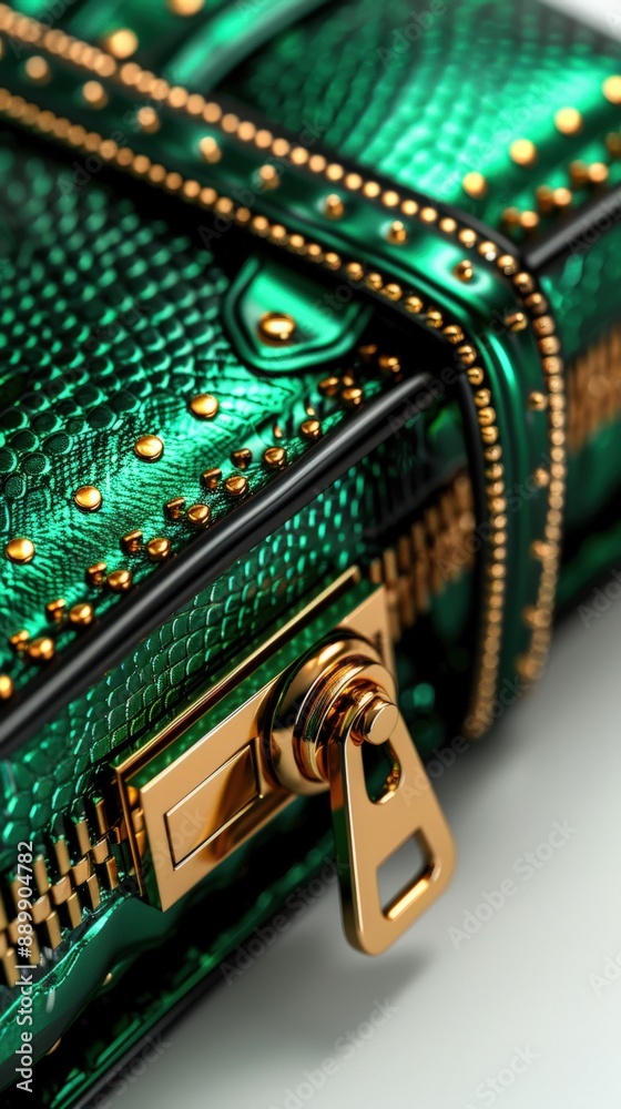 Close-up of a stylish green leather handbag with gold zipper and stud details, showcasing luxury and fashion. Close-up of a stylish green leather handbag with gold zipper and stud details, showcasing luxury and fashion.