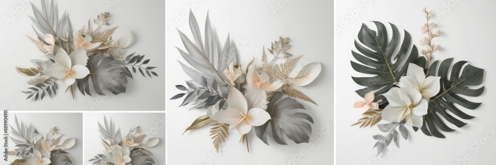 Elegant floral arrangement featuring delicate flowers and tropical leaves on a white background. Perfect for nature-inspired designs and decor. Elegant floral arrangement featuring delicate flowers and tropical leaves on a white background. Perfect for nature-inspired designs and decor.