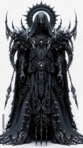 Dark fantasy warrior in elaborate armor with spikes and halo, emanating power and mystery. Perfect for fantasy art and character design inspiration.