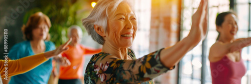 Senior women dancing together in gym cla